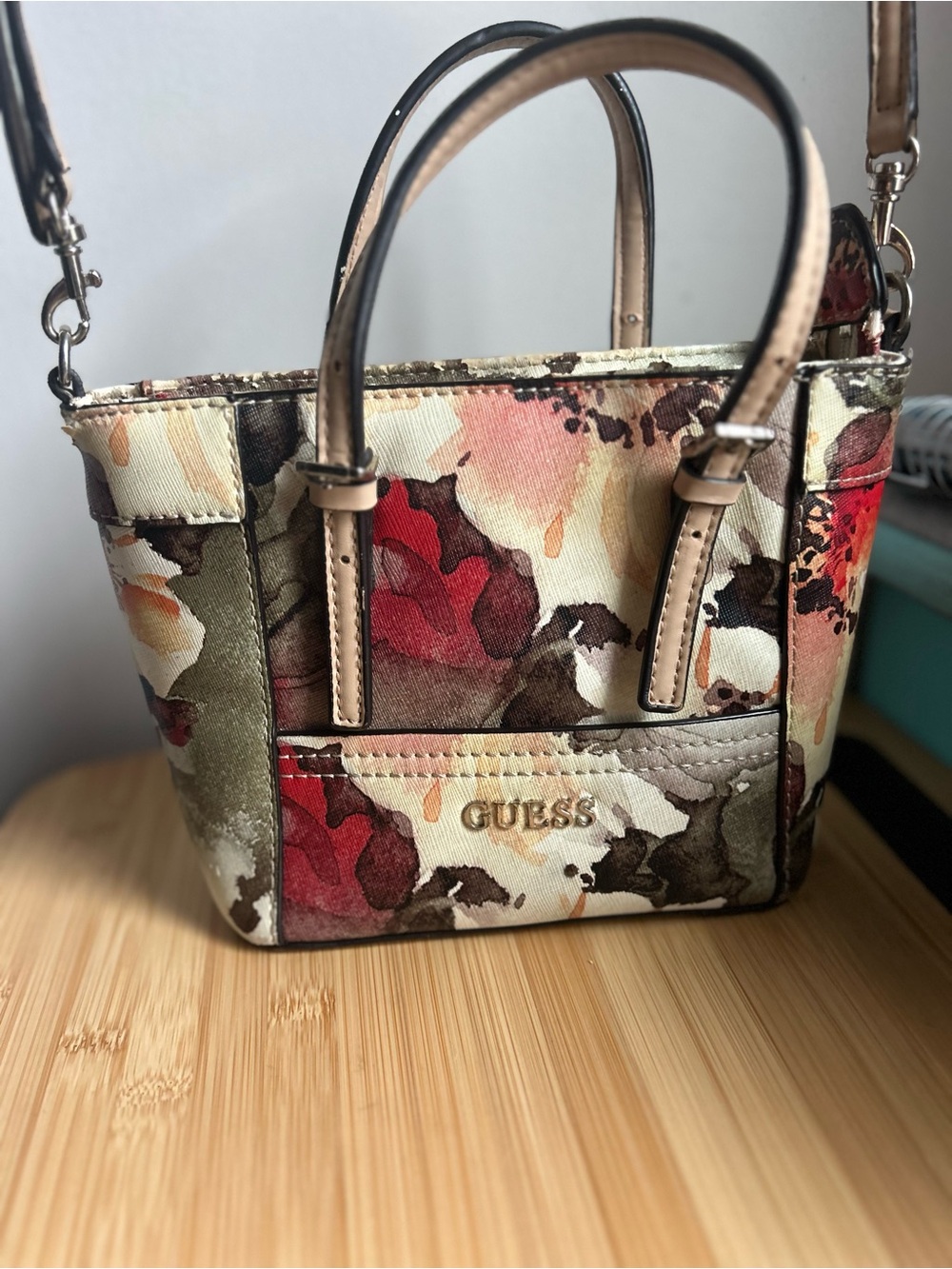 GUESS Floral Mini Satchel in Red, Cream, Brown, Green